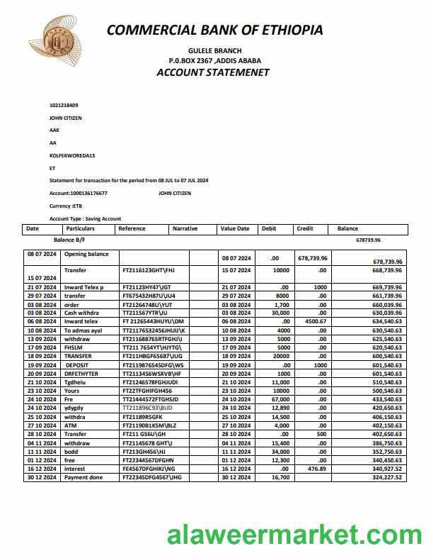 ETHIOPIA COMMERCIAL BANK OF ETHIOPIA Bank statement template, Word and PDF format, version 2